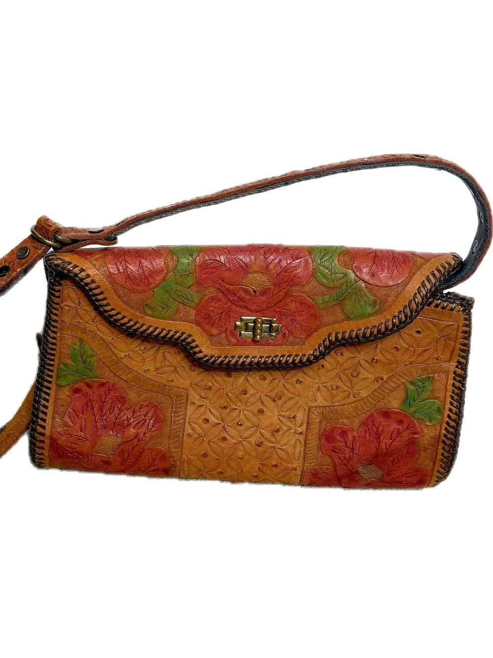 Vintage Hand Tooled Leather Shoulder Bag with Painted Floral Whipstitch Trim